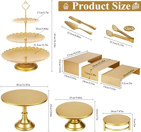 11 Pcs Gold Dessert Table Display Set, Metal Cake Stands and Tiered Serving Tray with Cake Servers and Tongs for Wedding Anniversary and Party Decor - Image 2