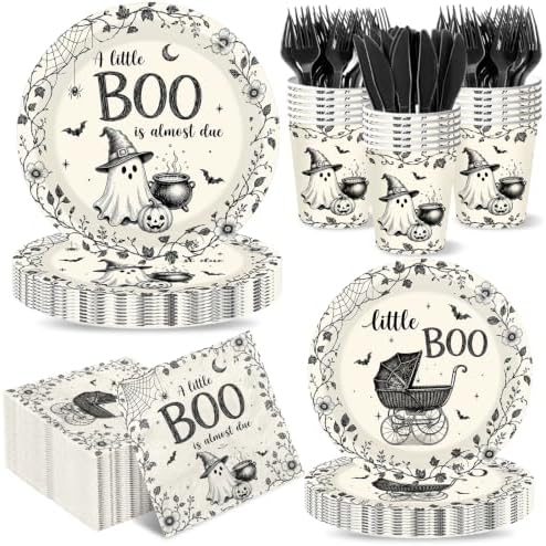 144 Pcs A Little Boo Is Almost Due Baby Shower Plates and Napkins Cups Party Supplies Disposable Vintage Little Boo Tableware Set for Halloween Baby Shower Decorations by Gupesxu