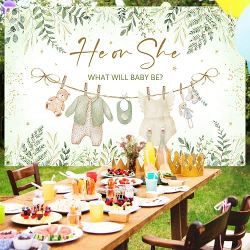 Avezano Greenery Gender Reveal Backdrop Banner Watercolor Boy or Girl Clothes He or She What Will Baby Be Gender Reveal Decorations Green Leaves Gold Dots Neutral Baby Shower Banner (8x6ft) - Image 5