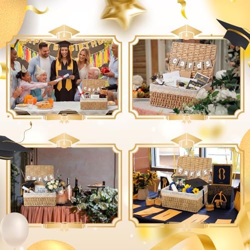 Gerrii Wedding Party Decoration 12 x 9.4 x 5.3 in Large Wicker Storage Basket with Lid Wedding Card Box and Card Banner Set Money Envelope Box Gift for Baby Shower Favor Supplies(Khaki) - Image 6