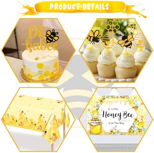 Party Inspo Bee Baby Shower Decorations, Bumble Bee Baby Shower Decor, A Little Honey is On The Way Backdrop Balloon Banner Tablecloth Cake Cupcake Topper Box Sash Cutouts - Image 3