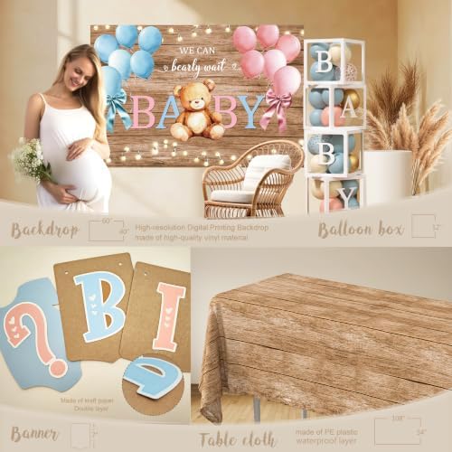 Bear Gender Reveal Decorations, He or She Gender Reveal Party Decoration, Boy or Girl Bear Theme Party Supplies with Backdrop BABY-Box Tablecloth Mom to Be Sash Dad to Be Pin Balloon Arch - Image 4