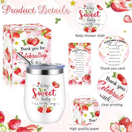 Hoolerry 6 Set Baby Shower Cups, 12oz Stainless Steel Tumbler, Strawberry - Image 3