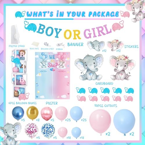 164pcs Gender Reveal Decorations, Gender Reveal Supplies Kit, Baby Boxes Gender Reveal Balloon Decorations Kit, Pink and Blue Elephant Gender Reveal Decorations, Boy or Girl Decorations Kit - Image 2