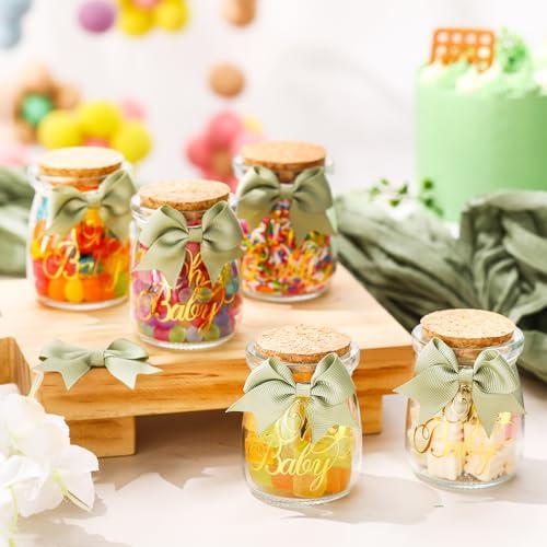 Funnymoom 24 Sets Baby Shower Bottles Favors for Guests Glass 100 ml Milk Jar with Ribbons and Stickers Decorations for Gender Reveal Newborn Centerpiece Party Favor(Sage Green,Baby) - Image 2