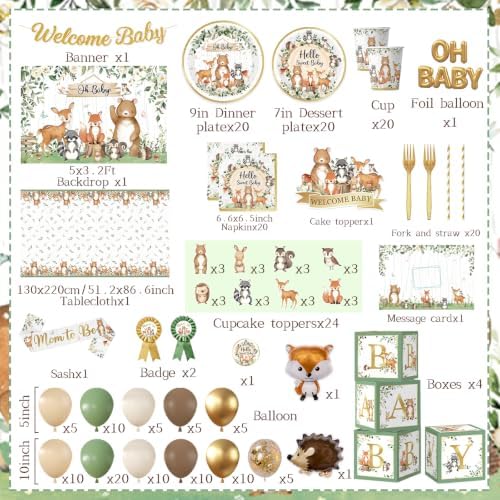 Woodland Baby Shower Decorations,260pcs Woodland Animals Baby Shower Decorations With Plates and Napkins Cups Tablecloth Backdrop Balloon Arch Cake Toppers for Woodland Creatures Baby Shower Supplies - Image 6