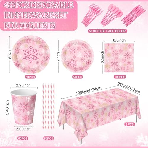 Funnymoom 452 Pcs Pink Gold Winter Snowflake Party Supply 50, Plate Cup Set - Image 2