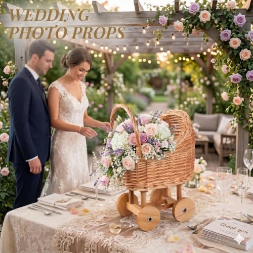 Vintage Wicker Baby Carriage Decor，Woven Rattan Stroller Flower Basket Cart for Wedding Centerpieces, Baby Shower Party Supplies & Nursery Floral Arrangement Props Floral Rustic Home Decor - Image 6