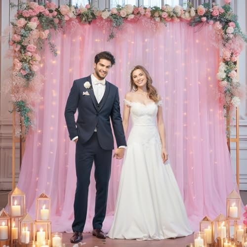 20x10ft Baby Pink Tulle Backdrop Curtain with Lights String for Parites, Sheer Backdrop Curtains for Wedding Baby Shower Birthday Party Photo Shoot Decorations - Image 4