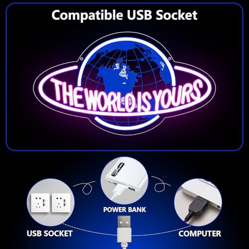 The World is Yours Neon Sign, Led Neon Light Signs for Game Room Wall Decor Gaming Planet LED Light up Sign Lamp for Man Cave Party Bedroom Bar Birthday Gamer Gift Dimmable USB Powered(16.2"*9.5") - Image 5