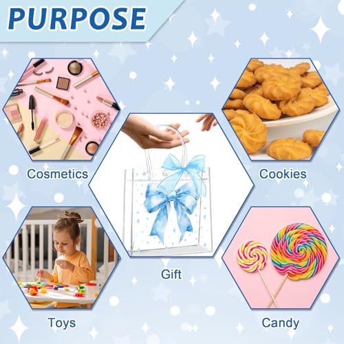 QOUBAI 36 Pcs Bow Clear PVC Gifts Bags with Handles Bowknot Party Favors Plastic Candy Treat Tote Bag Bulk Reusable Bow Goodie Bag Set with 3 Rolls of Ribbon for Wedding Birthday Baby Shower(Blue) - Image 4