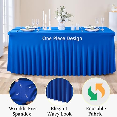 6 Pack Royal Blue Spandex Tablecloths for 8 Foot Rectangle Tables, Wrinkle Free Fitted Tablecover 8ft Stretchy Table Cloth with Skirt for Weddings Birthday Party Banquet Baby Shower - Image 4