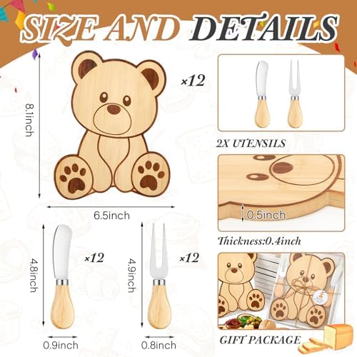 Ziliny 12 Set Baby Shower Prize Bear Shaped Cheese Board Gift, Bamboo Color - Image 2
