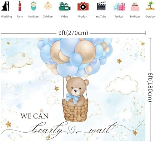 9x6FT Baby Shower Backdrop We Can Bearly Wait Blue Bear Hot Air Balloon Photography Background Newborn Baby Shower Party Decorations Banner Photo Booth Props - Image 2