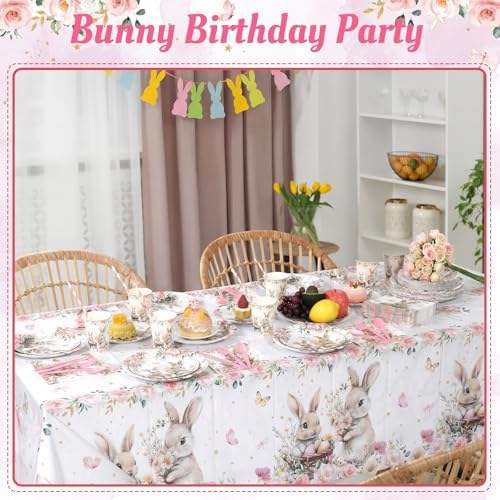 452 Pcs Bunny Birthday Party Decorations for 50 Guests, Pink Floral Bunny Paper Plates and Napkins Cups Cutlery Rabbit Disposable Tableware Set for Spring Baby Shower Birthday Supplies - Image 5