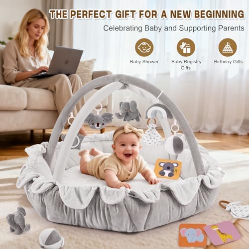 5-in-1 Baby Activity Gym & Play Mat with 6 Hanging Toys, Tummy Time Mat & Cards - Extra Large, Reversible Machine Washable Pad - Gift for Newborns, Infants 0-12 Months, Grey - Image 7