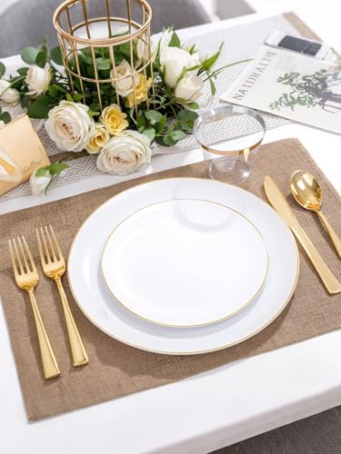 WDF 300Pcs White and Gold Plastic Plates - Gold Plates Disposable - Disposable Dinnerware Include 50 Dinner Plate 50 Dessert Plate 150 Cutlery 50 9oz Cups for Wedding/Birthday/Party/Thanksgiving - Image 2
