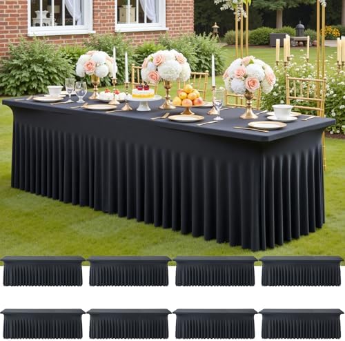 8 Pack Spandex Black Table Clothes for 8 Foot Rectangle Tables, Wrinkle Free Stretch Table Cloths 8FT, Fitted Table Cover Desk Skirt for Parties Weddings Birthday Banquet Events by Htper