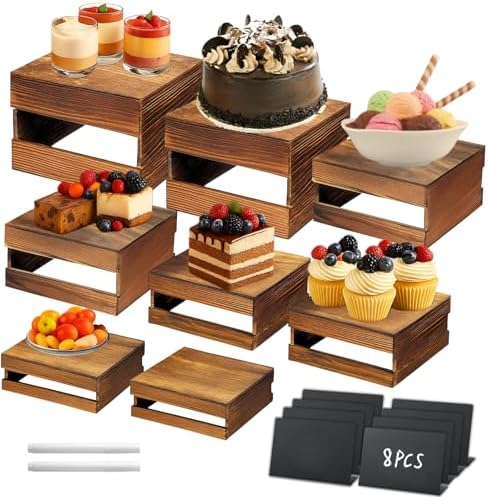 8PCS Wooden Buffet Risers and Stands with Reusable Table Signs, stackable Cube Rustic Wood Food Risers for Buffet Display, Cupcake Holder, Cupcake Stand, Dessert Table Display Set, 8PCS by Merrifete