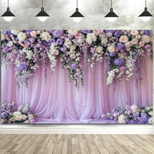 10x8ft Purple Lavender Floral Bridal Backdrop Wedding Flower Photography Backdrop for Girl Portrait Baby Shower Birthday Party Decor Banner Mother's Day Party Wall Backdrop Studio Photo Backgrounds - Image 3