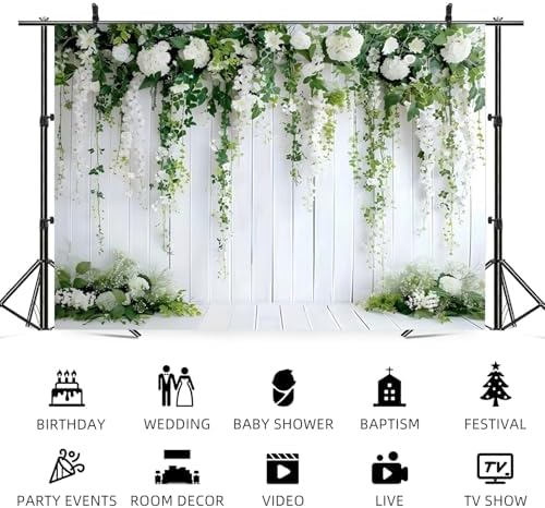 12x10ft White Flower Backdrop Green Leaves Wedding Bridal Shower Photography Background Floral Rustic Wood Wall Birthday Party Banner Decorations Reception Ceremony Portrait Photo Booth Prop - Image 5