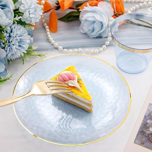 Rubtlamp 175 Pcs Plastic Dinnerware Set (25 Guests), Blue Disposable Plates With Gold Rim, Hammered Party Plates Set Include Dinner Platos, Dessert Platos, Cups, Cutlery And Napkins for Party - Image 5
