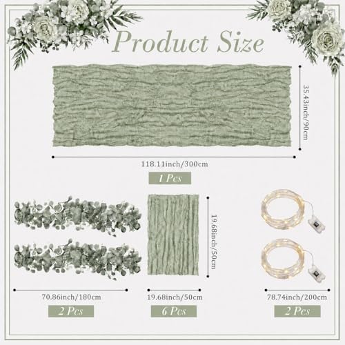 Cinrobiye 11pcs Cheesecloth Table Runner Set 120 Inch – Gauze Table Runner with Napkins, Eucalyptus Garland & String Lights for Wedding Baby Shower Table Decor, Rustic Boho - Image 2