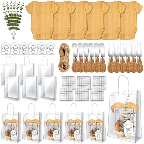 43 Pcs Baby Shower Game Prizes for Winners 6 Sets Baby Shower Prizes for Game Player with Bamboo Cheese Board Oak Knife Fork Placemats Artificial Eucalyptus Stems Tags Bags by Denylopro