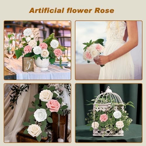 Artificial Flowers Realistic Roses, Real Looking Fake Roses with Stem for DIY Wedding Bouquets Centerpieces Bridal Shower Party Home Romantic Decorations (White/Cream/Light Pink, 100pcs) - Image 3