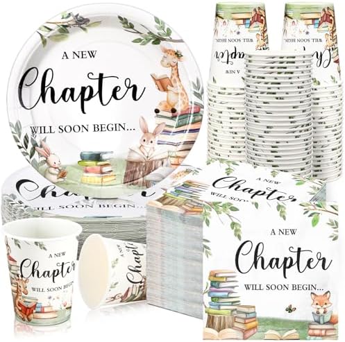 Hushee 200 Pcs Storybook Baby Shower Decorations Supplies A New Chapter Will Soon Begin Book Baby Shower Paper Plates Napkins Cups Library Reading Book Club Tableware Set for 50 Guest by Hushee