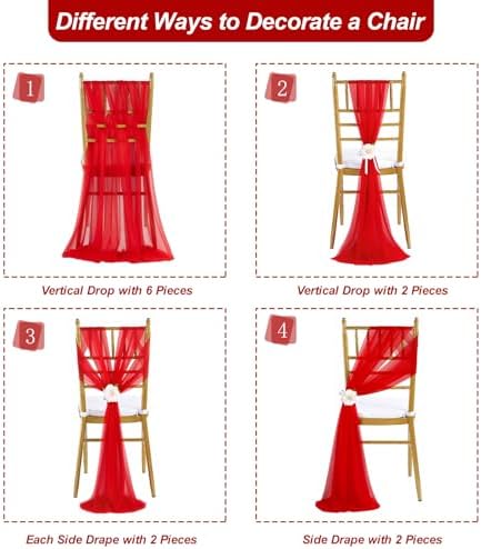 Red Chair Sashes 16 Packs 8ft Long Aisle Wedding Chair Back Side Decorations Fabric Sheer Church Tulle Chairs Drapes Bulk - Image 3