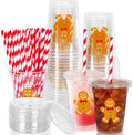 Whaline 50 Pcs Christmas Disposable Plastic Cups with Lids and Straws 12 oz Party Cups Gingerbread Man Cold Beverage Drinking Cups for Xmas Holiday Party Supplies by Whaline