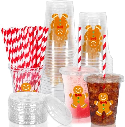 Whaline 50 Pcs Christmas Disposable Plastic Cups with Lids and Straws 12 oz Party Cups Gingerbread Man Cold Beverage Drinking Cups for Xmas Holiday Party Supplies by Whaline