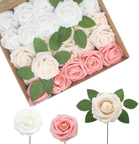 Artificial Flowers Realistic Roses, Real Looking Fake Roses with Stem for DIY Wedding Bouquets Centerpieces Bridal Shower Party Home Romantic Decorations (White/Cream/Light Pink, 100pcs) by BringmoreJoyinyourlife