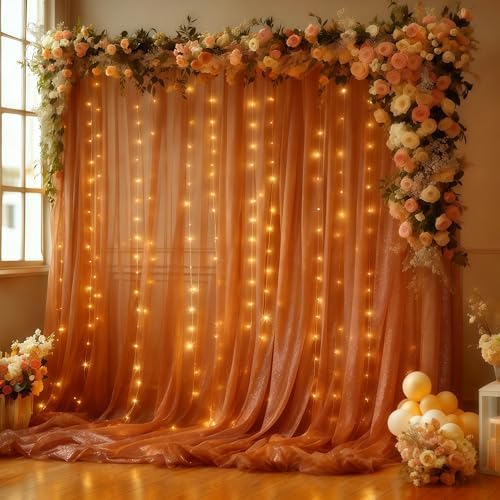 10x10FT Terracotta Wrinkle Free Backdrop Curtains with Lights String for Parties - Photo Curtain Backdrop with Lights for Wedding Decorations, Bridal Baby Shower Birthday Party Photography Background by WishCare
