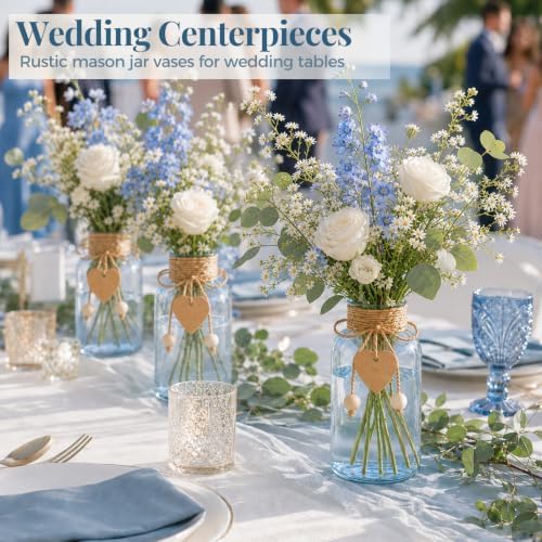 Vintage Glass Flower Vase, 6PCS Farmhouse Blue Mason Jar Vases - Image 4