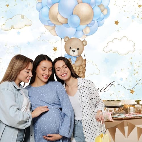 9x6FT Baby Shower Backdrop We Can Bearly Wait Blue Bear Hot Air Balloon Photography Background Newborn Baby Shower Party Decorations Banner Photo Booth Props - Image 6