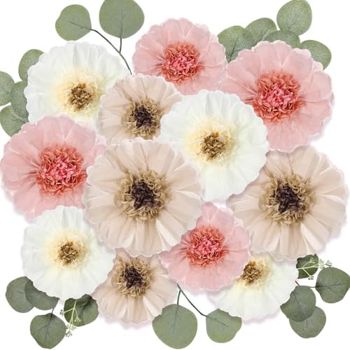 Lincia 80 Pcs Giant Tissue Paper Flowers with Artificial Eucalyptus Leaves, Large Paper Flower Decoration for Wall Tea Party Supplies Baby Shower Birthday Nursery Room Wedding(Elegant Color,19''/12'') by Lincia