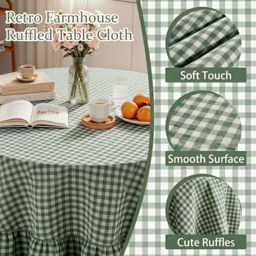 Dark Green Plaid Ruffled Tablecloth 70" Round Farmhouse Checkered Gingham Table Cloth for Seat 4-6 Vintage Buffalo Plaid Decorative Table Cover for Picnic Dining Outdoor Kitchen - Image 4