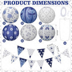 12 Pcs Chinoiserie Party Decorations Set 10" Blue and White Porcelain Paper Lanterns Triangle Flag Bunting Banner Chinese Japanese Hanging Decorations for Wedding Birthday Party Baby Shower Home Decor - Image 2