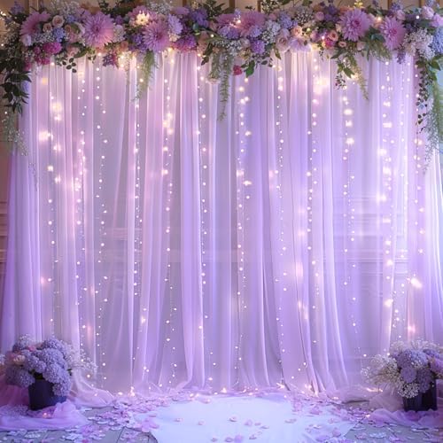 Shillance 20x10ft Lavender Chiffon Backdrop Curtain with Lights String for Wedding Sheer Tulle Curtain Photo Backdrops Drapes for Baby Shower Birthday Party Ceremony Decorations by Shillance