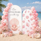 2PCS A Little Pearl is on the Way Baby Shower Arch Backdrop Cover 6ft 7.2ft Stretchy Seashell Theme A Little Pearl is on the Way Backdrop for Under the Sea Baby Shower Decorations Party Supplies - Image 4