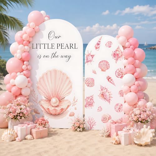2PCS A Little Pearl is on the Way Baby Shower Arch Backdrop Cover 6ft 7.2ft Stretchy Seashell Theme A Little Pearl is on the Way Backdrop for Under the Sea Baby Shower Decorations Party Supplies - Image 4