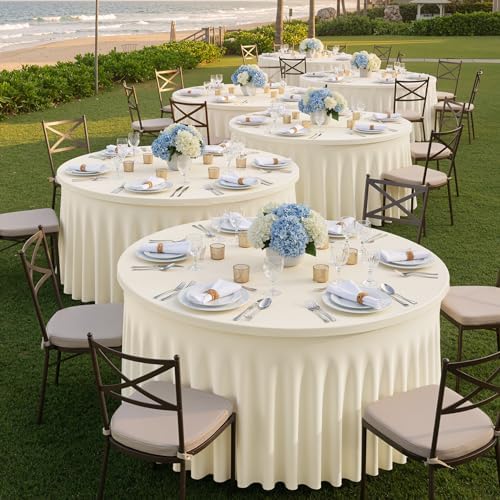 6 Pack Ivory Spandex Round Tablecloths for 72inch Table, Wrinkle Free 132in Stretchy Fitted 6ft Round Table Cloths Covers with Skirt for Wedding Birthday Parties Banquet Events - Image 5