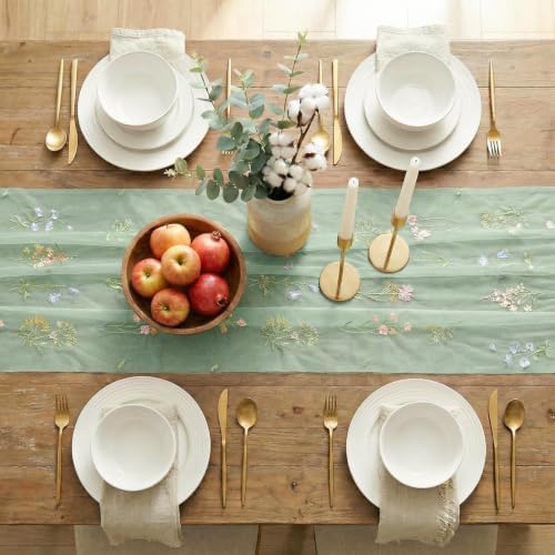 Artoid Mode 6PC Floral Sage Green Embroidery Table Runner 120 Inch 10FT - Image 5