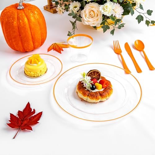SUT 350Pcs Orange and Clear Plastic Dinnerware Set for 50 Guests, Include: 50 Dinner Plate, 50 Dessert Plates, 50 Pre Rolled Napkins With Silverware, 50 Cups, Disposable Plates for Party - Image 3