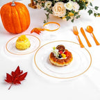 SUT 175Pcs Orange and Clear Plastic Dinnerware Set for 25 Guests, Include: 25 Dinner Plate, 25 Dessert Plates, 25 Pre Rolled Napkins With Silverware, 25 Cups, Disposable Plates for Party - Image 4