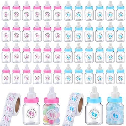 Tondiamo 48 Pcs Blue Pink Baby Shower Mini Bottle Favors 1. 5 x 3. 5 Inch Baby Shower Candy Jar Mini Milk Bottle Party Favor Fillable Gift Boxes for Birthday Party Decorations by Tondiamo