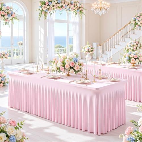 8 Pack Pink Table Cloth for 6 Foot Rectangle Tables Spandex Fitted Tablecloth 6ft Stretch Table Covers Skirt Pink Banquet Tablecloths Wrinkle Free Tablecloth for Party Wedding Birthday Event - Image 3