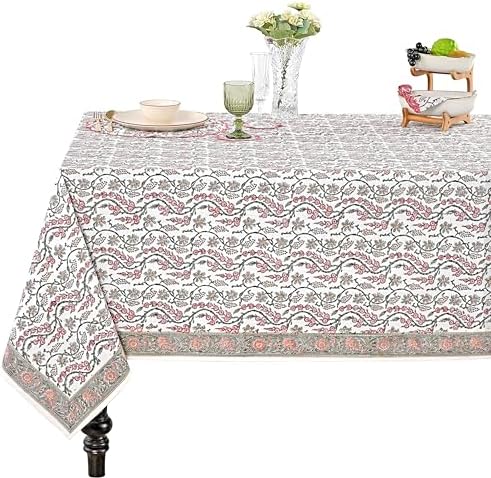 Ridhi Coral Pink Hand Block Print Cotton Tablecloth 108x70 Inch Rectangle by Ridhi